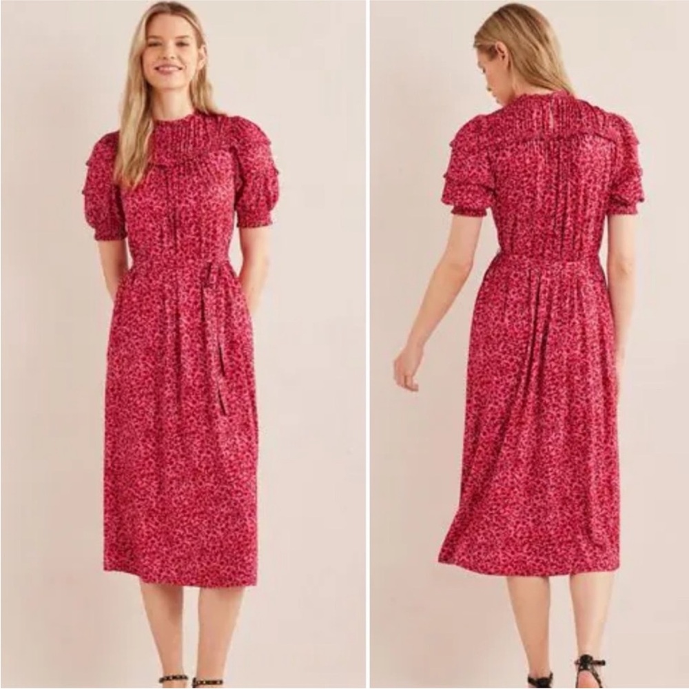 Boden Yoke Detail Jersey Dress in Pink Gin Fizz Abstract Vine, Size 16/18